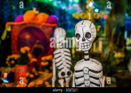 Altars, offerings, skeletons and decorations during the Day of the Dead celebration in Mexico. Stock Photo