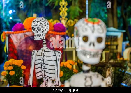 Altars, offerings, skeletons and decorations during the Day of the Dead celebration in Mexico. Stock Photo