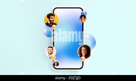 Collage Showing Smartphone With Communication Icons Featuring People in a Simple Background Stock Photo