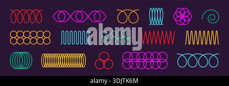 Neon spring coil shapes set. Curve line collection. Zigzag wave lines. Abstract flexible coil, loop line, thin spiral. Modern design element. Vector Stock Vector