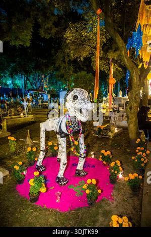 Altars, offerings, skeletons and decorations during the Day of the Dead celebration in Mexico. Stock Photo