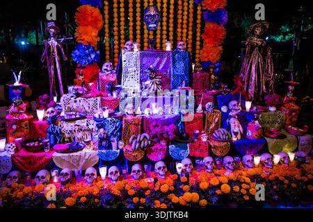 Altars, offerings, skeletons and decorations during the Day of the Dead celebration in Mexico. Stock Photo