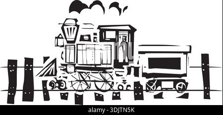 Woodcut expressionist style image of a railroad locomotive train on tracks Stock Vector