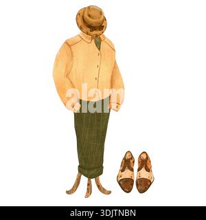 Men's straw hat, shirt and trousers, shoes on mannequin in retro vintage style Hand drawn with colored pencils illustration For fashion magazines and Stock Photo