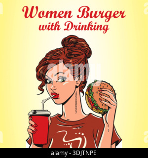 A vector illustration of a woman enjoying a delicious burger and a soda drink. Stock Vector
