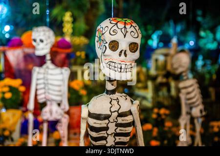 Altars, offerings, skeletons and decorations during the Day of the Dead celebration in Mexico. Stock Photo
