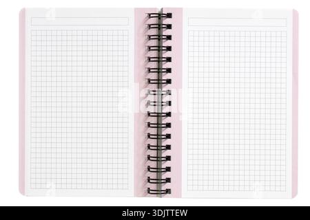 Open spiral notebook with blank grid pages isolated on white background. template mockup Stock Photo