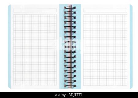 Open spiral notebook with blank grid pages isolated on white background. template mockup Stock Photo