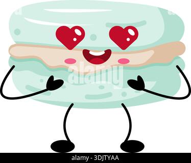 Sweet kawaii macaron dessert character with heart eyes and smiling face. Cute cartoon pastry illustration isolated on white. Stock Vector