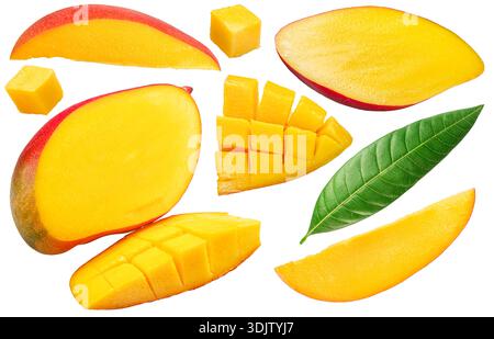 Collection of mango fruit slices with mango leaf isolated on white background. File contains clipping paths. Stock Photo