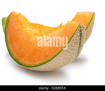 Two cantaloupe melon slices isolated on white background. File contains clipping path. Stock Photo