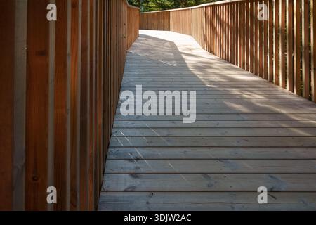 Silent architecture rhythm shown in empty wooden walkway with repeating railings and soft shadow patterns, minimal Nordic structure emphasizing materi Stock Photo