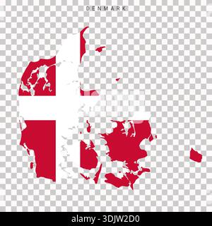Map of Denmark filled with national flag colors. Scandinavian country silhouette isolated on transparent background for geography, infographic and tra Stock Vector
