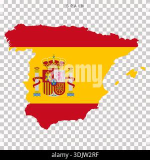 Map of Spain filled with national flag colors and coat of arms, isolated on transparent background. Geographic silhouette of Spain with official flag Stock Vector