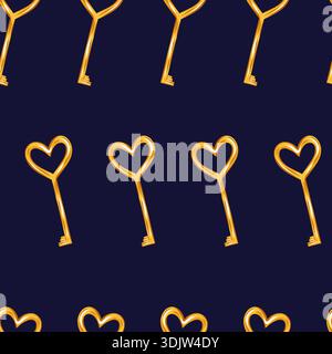 Golden heart shaped keys seamless pattern. Clean vector illustration in minimal romantic style Stock Vector