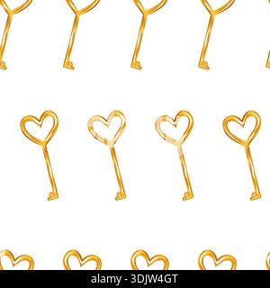 Golden heart shaped keys seamless pattern. Clean vector illustration in minimal romantic style Stock Vector