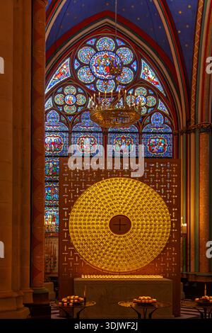 The Monstrance or Ostensorium represents a sun burst in Notre Dame Cathedral Paris; France Stock Photo
