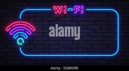 Neon Wi-Fi symbol with glowing frame shows connectivity and digital access. Modern light design fits cafes, hotels, and tech spaces. Stock Vector
