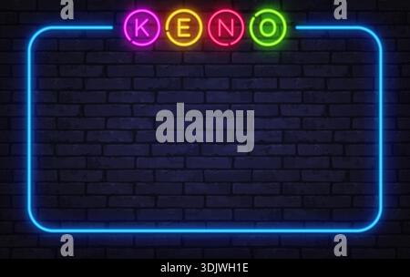 Vibrant neon keno lettering set on dark brick texture with glowing outline. Bold casino theme suitable for gaming platforms, ads, or web headers. Stock Vector