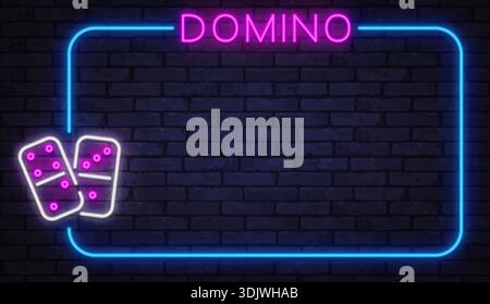 Neon domino tiles with soft glow inside a rectangular frame. Classic tabletop game style reimagined for modern digital art and banners. Stock Vector