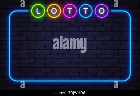 Colorful neon lotto lettering inside glowing rectangular border on brick texture. Gambling inspired background suitable for lottery ads and Stock Vector
