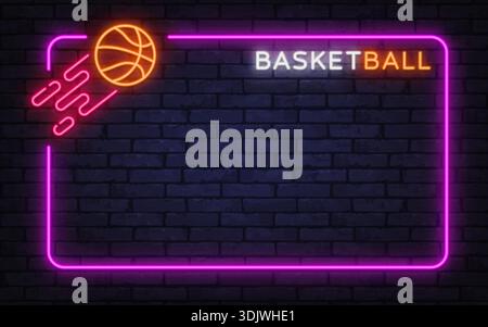 Neon basketball with motion lines adds speed and action feeling. Vibrant frame suits street culture, training ads, and energetic layouts. Stock Vector