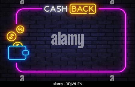 Neon vector banner with cashback text, wallet icon, and falling coins on dark brick wall. Bright financial concept ideal for promotions, fintech Stock Vector