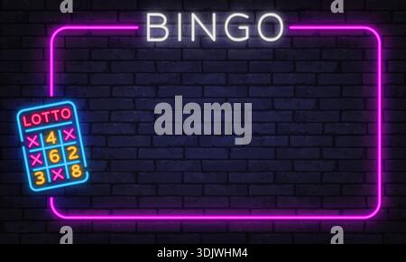 Neon bingo and lotto board illustration with vibrant lights on dark wall. Playful gambling concept suitable for games, ads, or entertainment graphics. Stock Vector