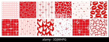 Red Hearts Valentines Day Vector Seamless Patterns Set Cute Classic Retro Lips Coquette Bow, Ribbon Cherries Backgrounds for Love Romantic Fashion Stock Vector