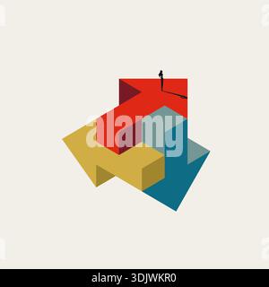 This minimal vector illustration features a businessman facing a decision between opposite direction arrows. It represents a business concept symbol o Stock Vector