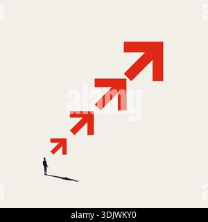 This minimal vector illustration features a businessman watching rising red arrows, representing a business growth strategy concept for professional s Stock Vector