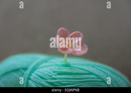 Close-up mint green yarn ball with handmade pink glass flower pin on soft neutral background. Stock Photo