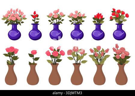 A set of rose bouquets in blue and brown vases. Vector illustration on a white background. Stock Vector