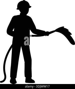 Vector illustratiion, Firefighters work. Silhouette sign of firefighter in protective suit holding fire hose and quelling blaze.  Stock Vector