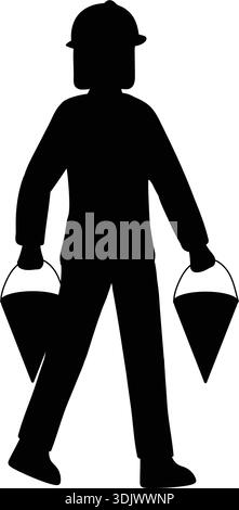 Woman firefighter on scene. Specialist firefighter carries two conical buckets of water in arms. Black-and-white silhouette. Stock Vector