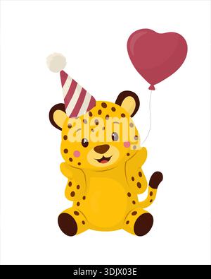 Adorable baby leopard character wearing a party hat and holding a heart balloon. Cute cheerful flat vector illustration isolated on white background Stock Vector