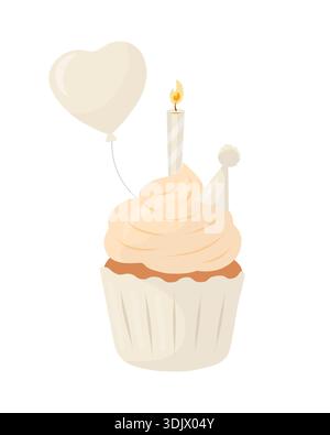 Neutral beige birthday cupcake with creamy swirl frosting, lit striped candle, party hat and heart balloon. Minimal pastel flat vector illustration Stock Vector