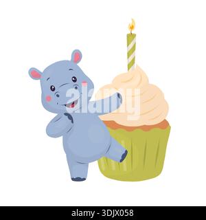Adorable baby hippopotamus character hugging a birthday cupcake with creamy frosting and a lit candle. Cute pastel flat vector illustration Stock Vector