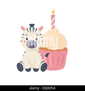 A cute baby zebra sits next to a pink cupcake with a candle. This flat vector illustration features delicate pastel colors and soft shadows. Stock Vector