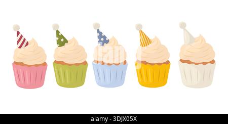 Set of five pastel birthday cupcakes with creamy swirl frosting and different party hats. Cute flat vector dessert collection Stock Vector