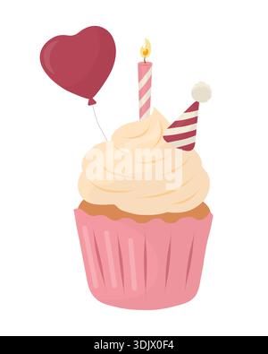 Pastel birthday cupcake illustration with creamy frosting, lit candle, striped party hat and heart balloon. Cute flat vector dessert isolated on white Stock Vector