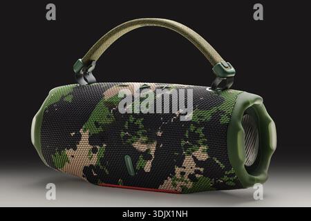Wireless bluetooth speaker Boombox with Handle for music and audio listening sound system on white background Rugged Outdoor Design For Adventure And Stock Photo