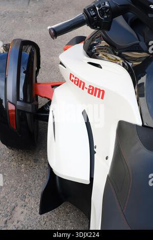 Minsk, Belarus - April 10, 2025: Close-up of Can-Am motorcycle reveals its sleek design and modern features, emphasizing the innovative engineering an Stock Photo