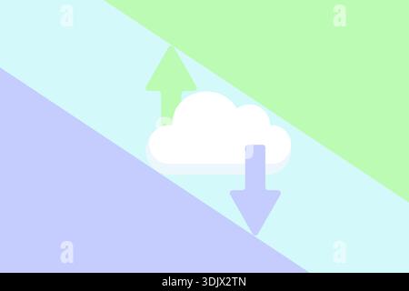 A minimalist illustration shows a cloud with upward and downward pointing arrows, symbolizing cloud computing, data transfer, and upload and download Stock Photo
