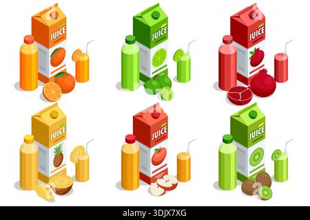 Isometric vector set of fruit juice carton box and bottle. Collection include orange, lime, pomegranate, pineapple, apple, and kiwi flavor with glass Stock Vector