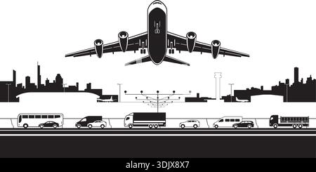 Plane taking off over highway near city airport – vector illustration Stock Vector