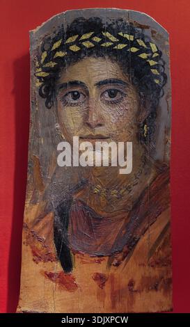 Portrait of a a Young Woman in Red, Painted Mummy Portrait, 90-120 AD Stock Photo