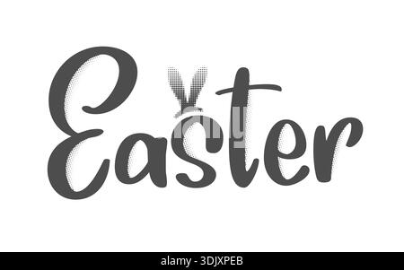 Easter with cute Bunny Rabbit Ears Handwritten Calligraphy Typography Lettering and Halftone Texture for Spring Greeting Cards and Holiday Sale Design. Trending Easter Letterings. Vector Illustration Stock Vector