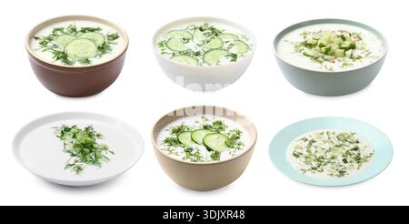 Fresh spring soups served in bowls isolated on white, set Stock Photo