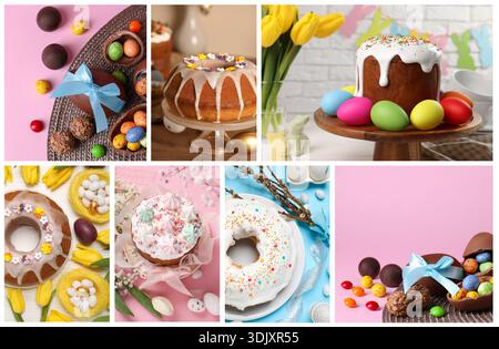 Delicious Easter cakes and eggs, collage. Festive treats for spring season holiday Stock Photo